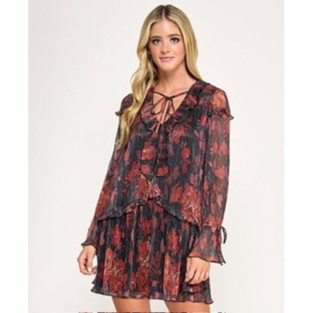 Seni & Cade Mini Dress Juniors XS Black Red Floral Pleated Ruffle Long Sleeves